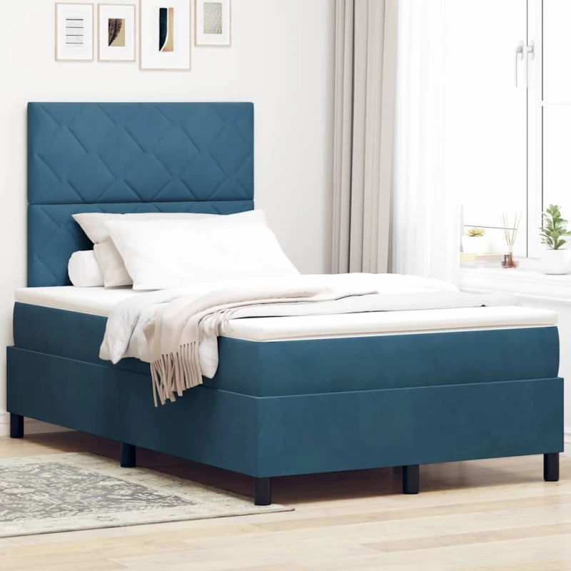 κρεβάτι Box Spring vidaXL με στρώμα & LED σκούρο μπλε 120x200 εκ. από βελούδο