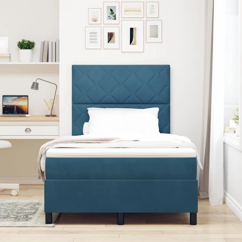 κρεβάτι Box Spring vidaXL με στρώμα & LED σκούρο μπλε 120x200 εκ. από βελούδο