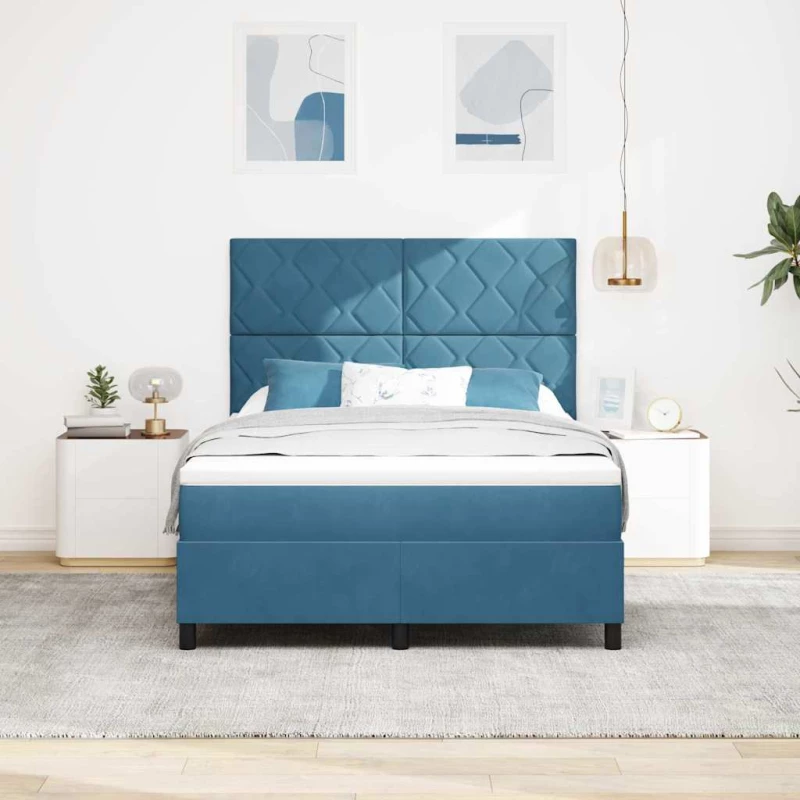 vidaXL Κρεβάτι Box Spring με Στρώμα & LED Σκούρο Μπλε 140x200 εκ Βελούδο