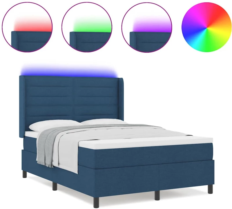 vidaXL Κρεβάτι Box Spring με Στρώμα & LED Μπλε 140x190 εκ. Ύφασμα