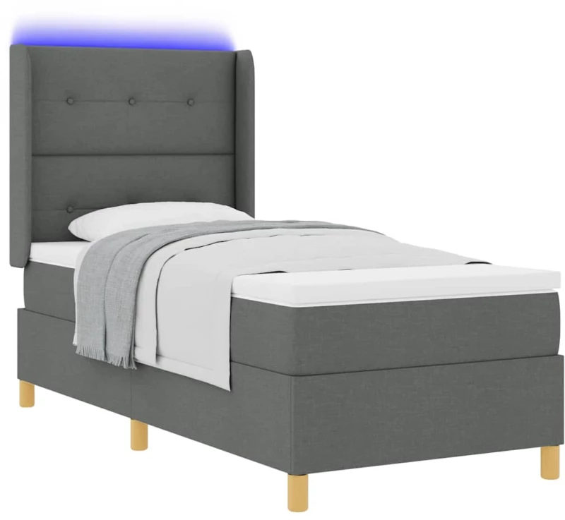 Κρεβάτι Box Spring με Στρώμα & LED vidaXL Σκούρο Γκρι 90x200 cm Υφασμάτινο