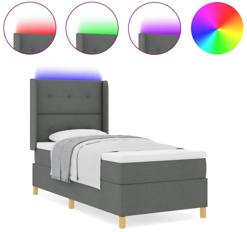 Κρεβάτι Box Spring με Στρώμα & LED vidaXL Σκούρο Γκρι 90x200 cm Υφασμάτινο