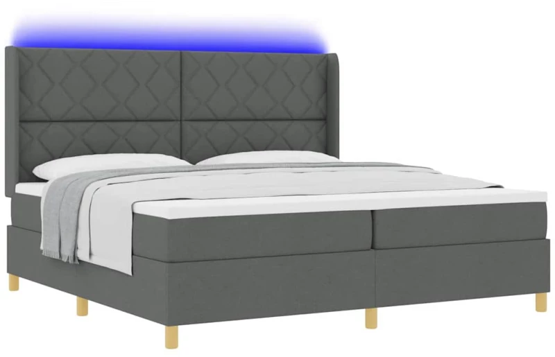 κρεβάτι Box Spring με στρώμα και LED vidaXL γκρι σκούρο 200x200 εκ ύφασμα