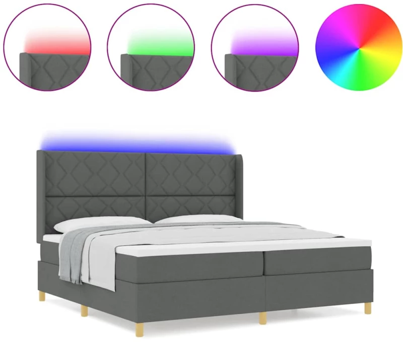 κρεβάτι Box Spring με στρώμα και LED vidaXL γκρι σκούρο 200x200 εκ ύφασμα