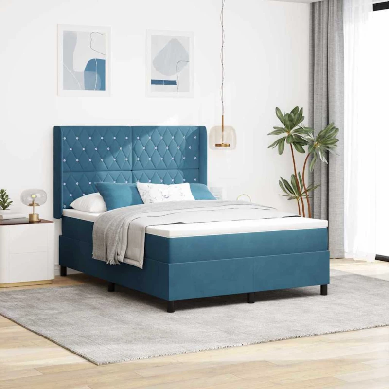 vidaXL Κρεβάτι Box Spring με Στρώμα & LED Σκούρο Μπλε 140x190 εκ. Βελούδο