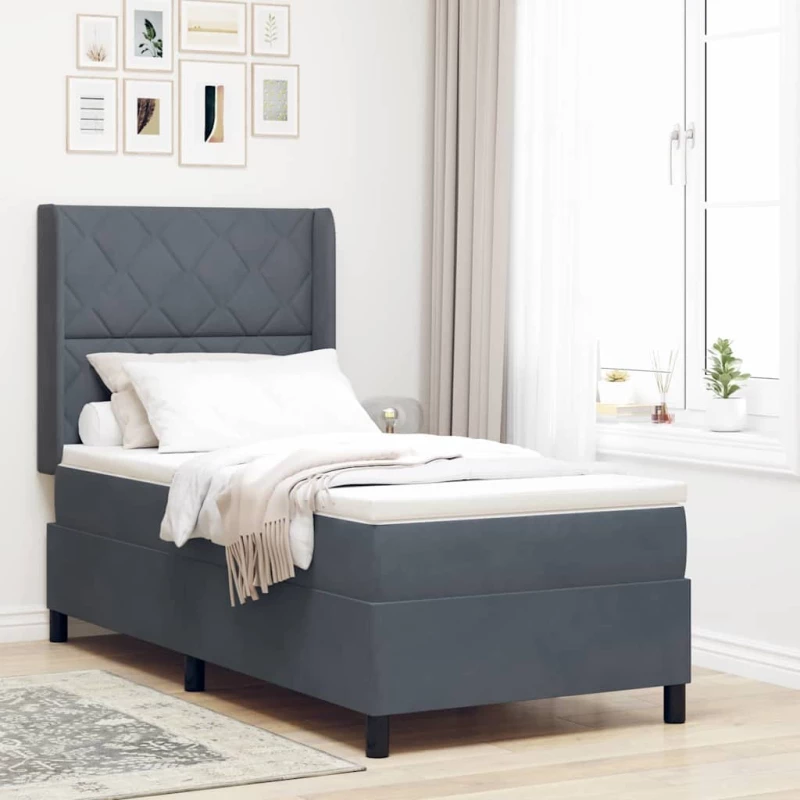 vidaXL Κρεβάτι Box Spring με Στρώμα & LED Σκούρο Γκρι 90x190 cm Βελούδο