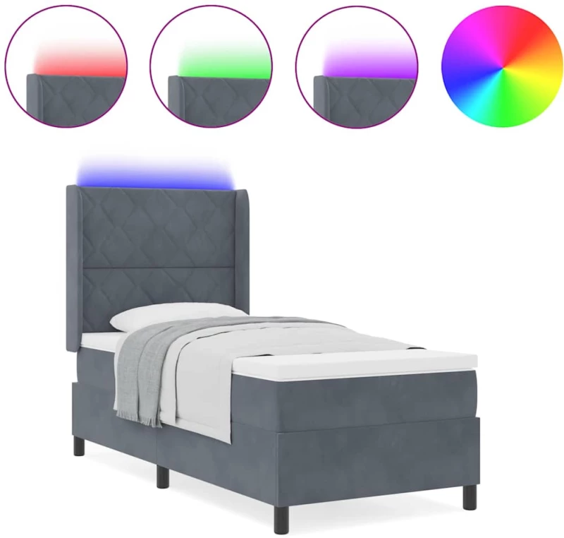 vidaXL Κρεβάτι Box Spring με Στρώμα & LED Σκούρο Γκρι 90x190 cm Βελούδο