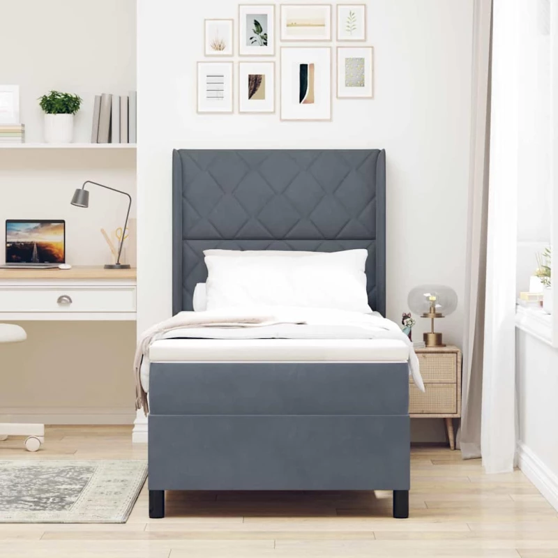 vidaXL Κρεβάτι Box Spring με Στρώμα & LED Σκούρο Γκρι 90x190 cm Βελούδο