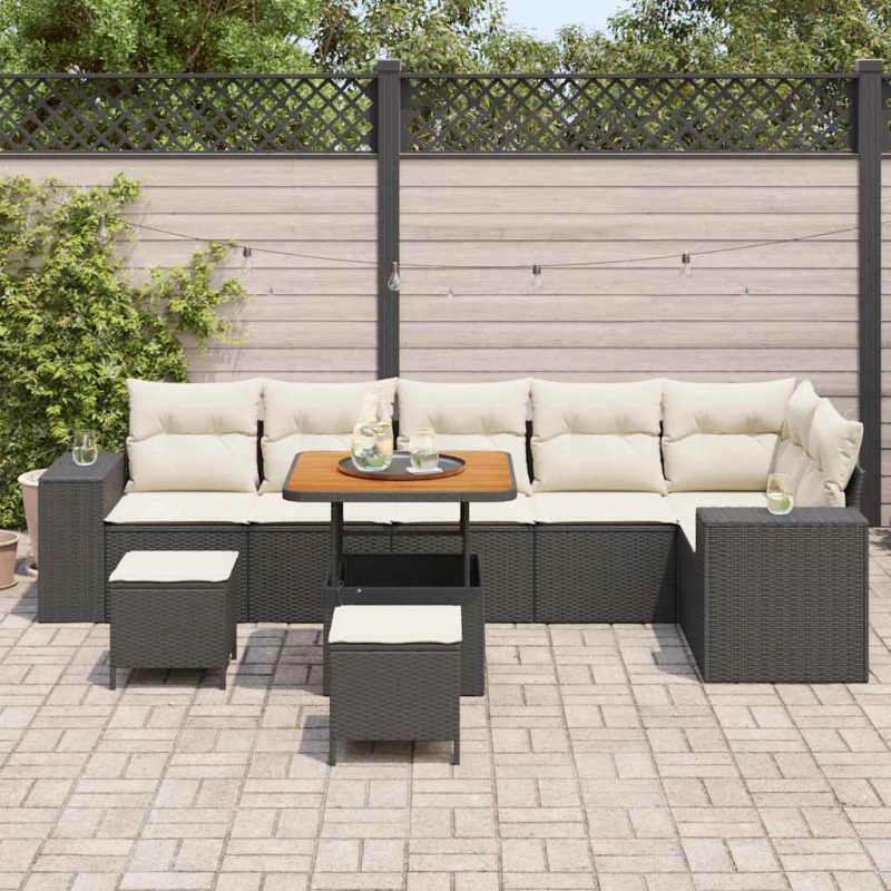 vidaXL 9 κομματιών Garden Sofa Set με μαξιλάρια. Μαύρο Πολυ Ράτταν.