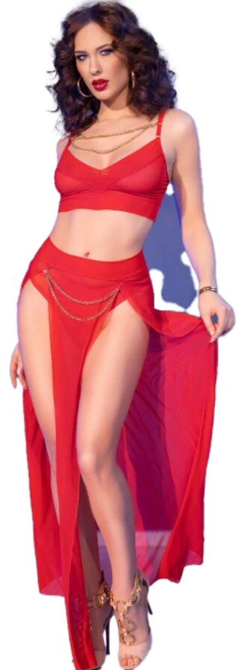 CHILIROSE - CR 4850 RED TOP AND LEGGINGS SET WITH GOLDEN ACCESSORIES