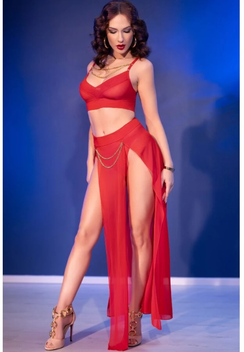 CHILIROSE - CR 4850 RED TOP AND LEGGINGS SET WITH GOLDEN ACCESSORIES