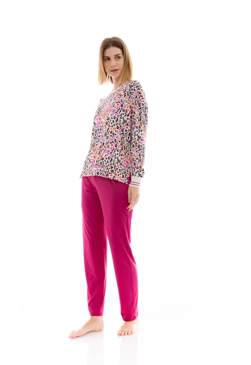 Γυναικεία Πυτζάμα Pink Label -  Εμπριμέ Μπλούζα  - Μονόχρωμο Παντελόνι - White Leopard - Viscose - Regular Fit