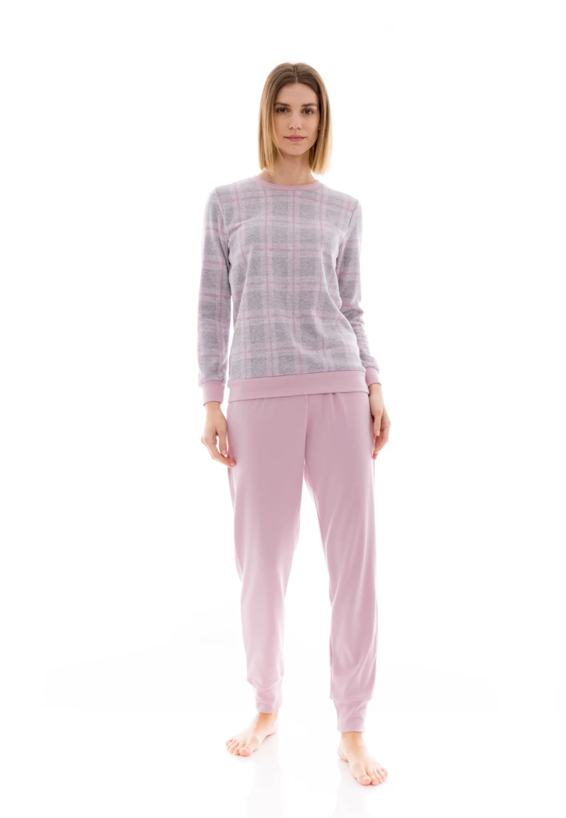 Γυναικεία Πυτζάμα Pink Label - Ζακάρ - Γκρί Ροζ - Καρό - Cotton - Regular Fit