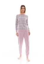 Γυναικεία Πυτζάμα Pink Label - Ζακάρ - Γκρί Ροζ - Καρό - Cotton - Regular Fit