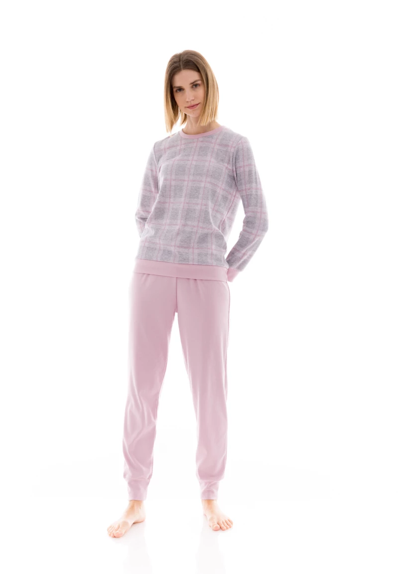 Γυναικεία Πυτζάμα Pink Label - Ζακάρ - Γκρί Ροζ - Καρό - Cotton - Regular Fit
