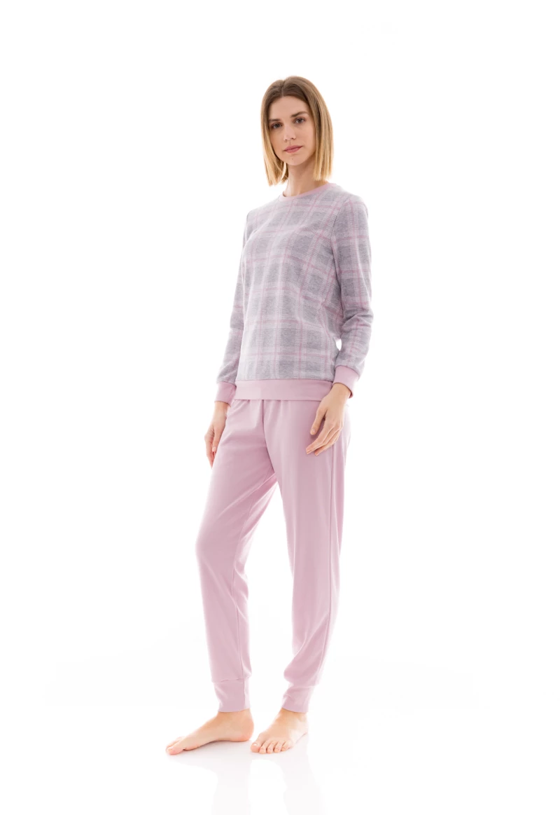 Γυναικεία Πυτζάμα Pink Label - Ζακάρ - Γκρί Ροζ - Καρό - Cotton - Regular Fit