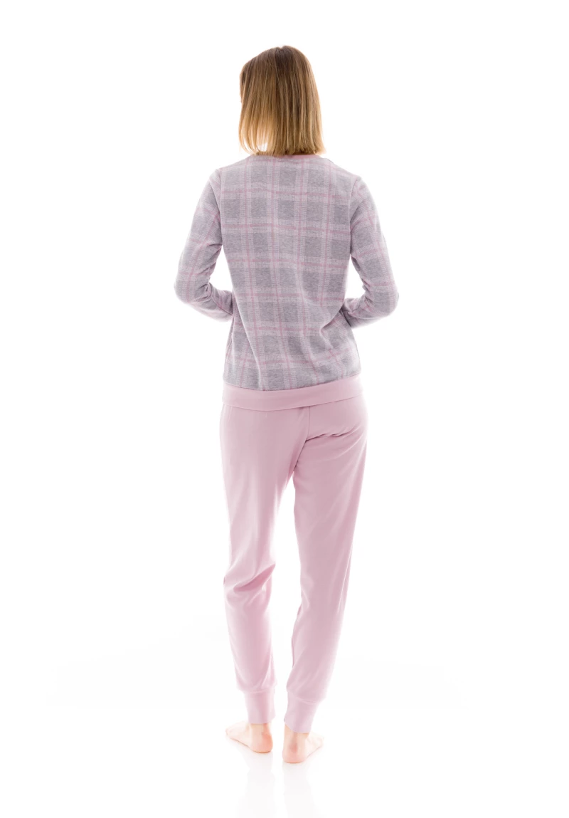 Γυναικεία Πυτζάμα Pink Label - Ζακάρ - Γκρί Ροζ - Καρό - Cotton - Regular Fit