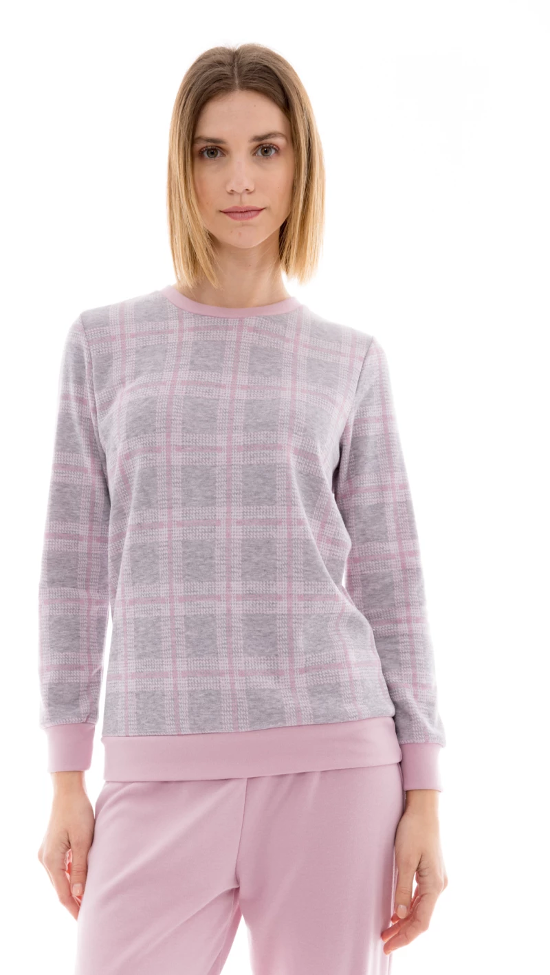 Γυναικεία Πυτζάμα Pink Label - Ζακάρ - Γκρί Ροζ - Καρό - Cotton - Regular Fit