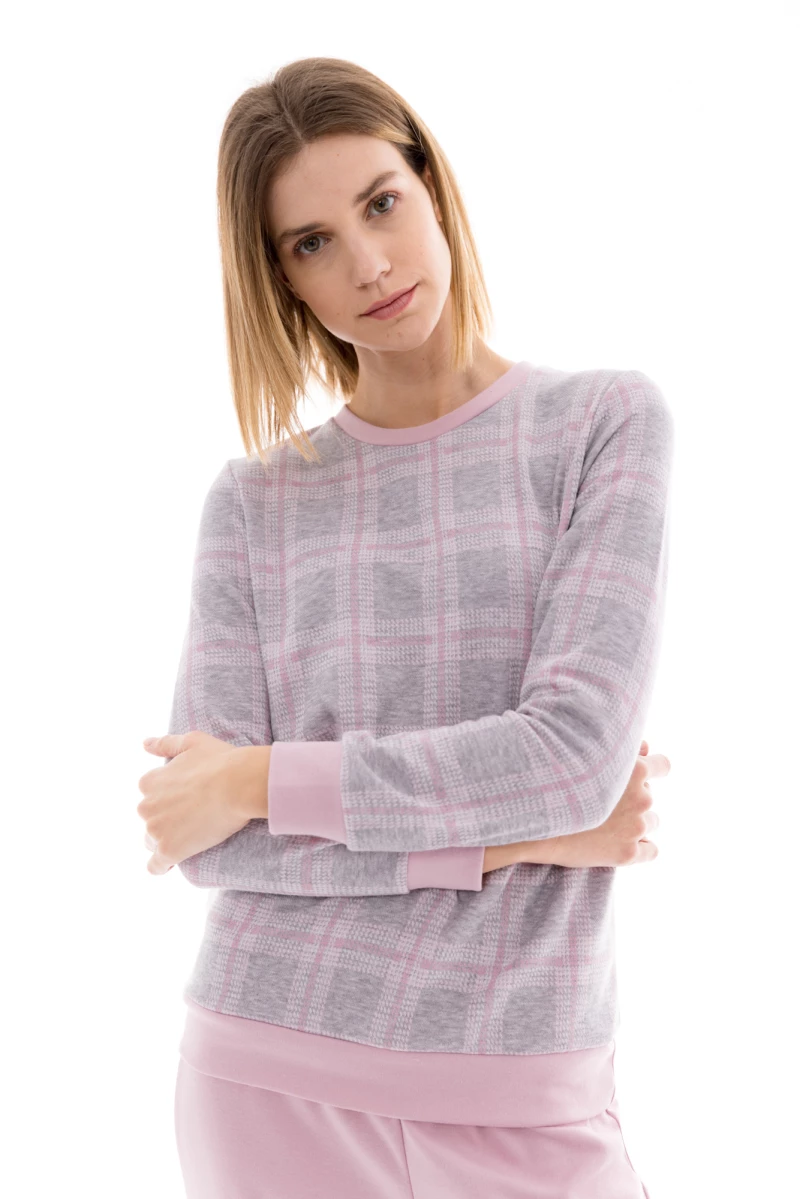 Γυναικεία Πυτζάμα Pink Label - Ζακάρ - Γκρί Ροζ - Καρό - Cotton - Regular Fit