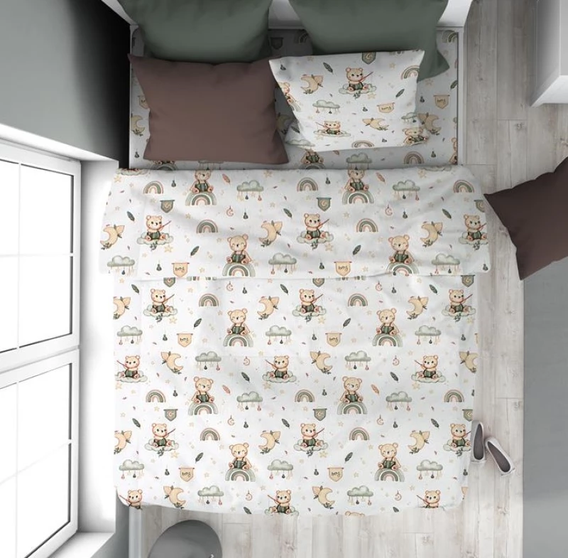 Σετ Σεντόνια Μονά 3τμχ (160x240) Cloudy Bear 581 White-Olive βαμβακερά DimCol