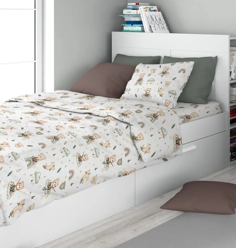 Σετ Σεντόνια Μονά 3τμχ (160x240) Cloudy Bear 581 White-Olive βαμβακερά DimCol