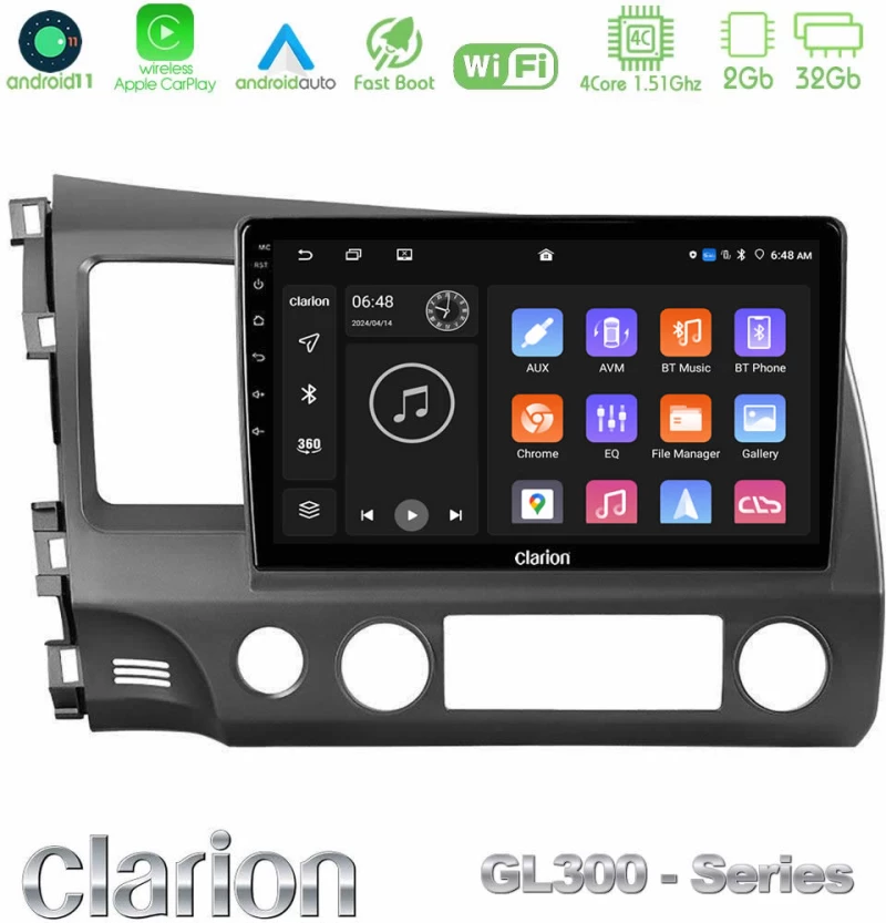 Clarion GL300 Series 4Core Android11 2+32GB Honda Civic 2006-2011 Navigation Multimedia Tablet 10" Με Carplay & Android Auto