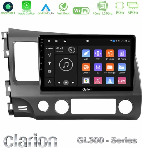 Clarion GL300 Series 4Core Android11 2+32GB Honda Civic 2006-2011 Navigation Multimedia Tablet 10" Με Carplay & Android Auto
