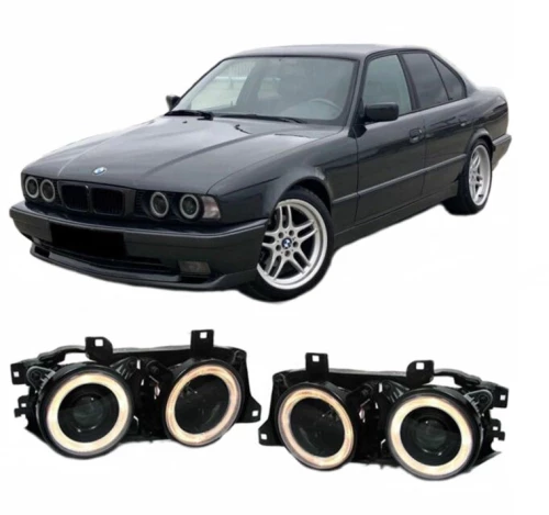 Μπροστινά Φανάρια Set Για Bmw 5 E34 88-95 / 7 E32 86-94 Angel Eyes Με Σταυρό Μαύρα H1/H1 Depo
