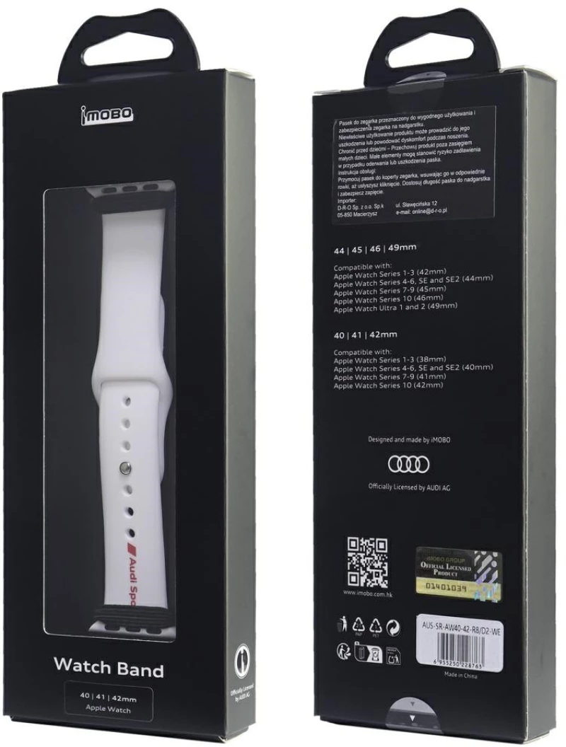 Audi Sport Red Logo Silicone Watch Strap for Apple Watch 40 / 41 / 42 mm - white
