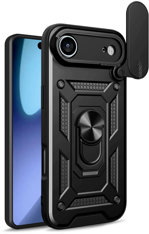 Hybrid Armor Camshield iPhone 17 Air Case with Stand and Camera Cover - Black