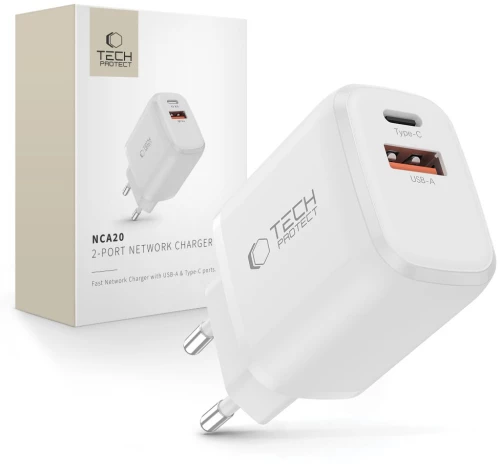 Tech-Protect NCA20 PD 20W QC3.0 USB-A / USB-C Wall Charger - White