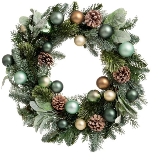 Χριστουγεννιάτικο στεφάνι σε πράσινη απόχρωση με κουκουνάρια και μπάλες σε πράσινο χρώμα 50 εκ