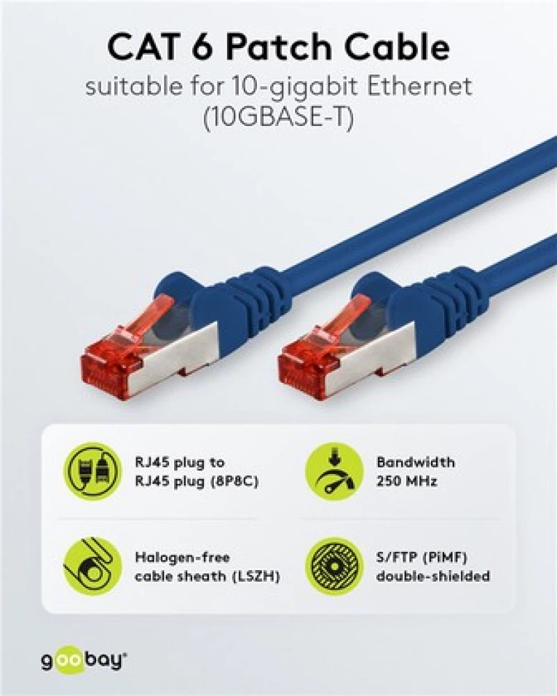 GOOBAY καλώδιο δικτύου 92452, CAT 6 S/FTP, copper, 250MHz, 0.15m, μπλε