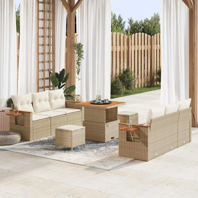 vidaXL Σετ Καναπέ Κήπου με μαξιλάρι 9 pcs Μπεζ Πολυ ράταν