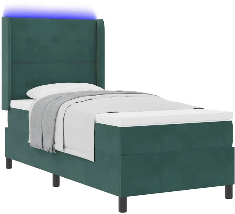 vidaXL Κρεβάτι Box Spring LED με Στρώμα Σκούρο Πράσινο 90 x 200 cm