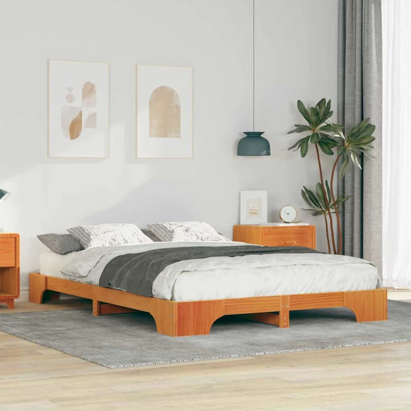 vidaXL Κρεβάτι δαπέδου Καφέ 140 x 220 cm Μασίφ ξύλο πεύκου