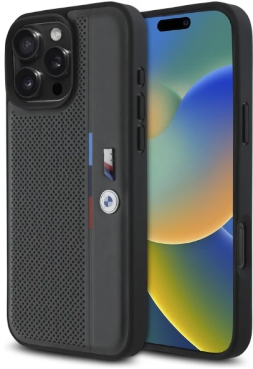 BMW M Perforated Tricolor Detail Line iPhone 16 Pro Max Case - Dark Gray