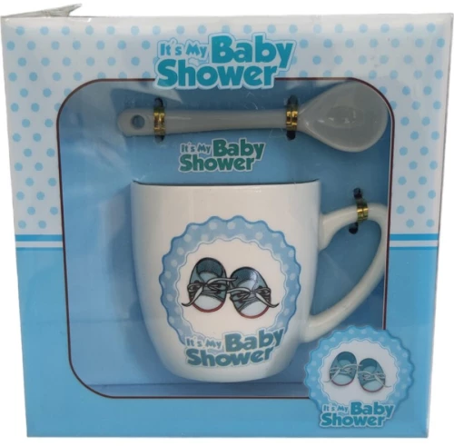 Κούπα baby Shower με κουταλάκι σε συσκευασία δώρου, Παπουτσάκια, Άσπρο-μπλε