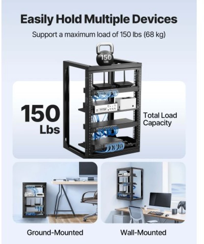 VEVOR 15U Wall Mount Server Rack, 68.04 kg Max Load Capacity, Open Frame Network Rack with 180 Degrees Gate Swing Door, Carbon Steel, Ideal for IT Network Equipment & AV Devices Computer Server, Black