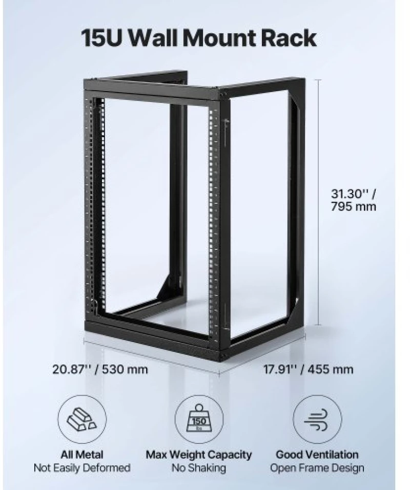 VEVOR 15U Wall Mount Server Rack, 68.04 kg Max Load Capacity, Open Frame Network Rack with 180 Degrees Gate Swing Door, Carbon Steel, Ideal for IT Network Equipment & AV Devices Computer Server, Black