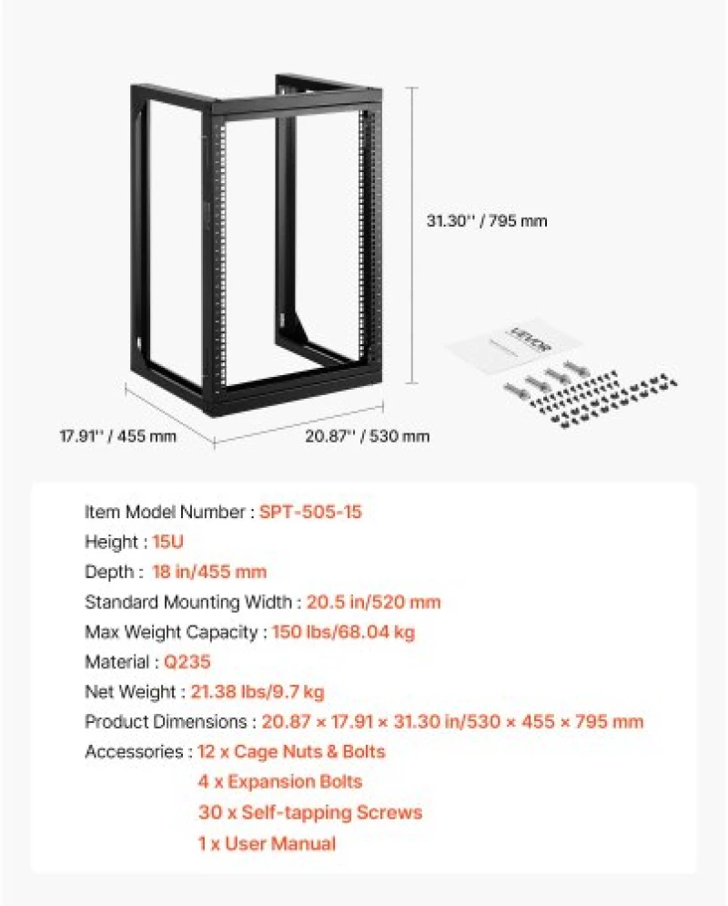 VEVOR 15U Wall Mount Server Rack, 68.04 kg Max Load Capacity, Open Frame Network Rack with 180 Degrees Gate Swing Door, Carbon Steel, Ideal for IT Network Equipment & AV Devices Computer Server, Black