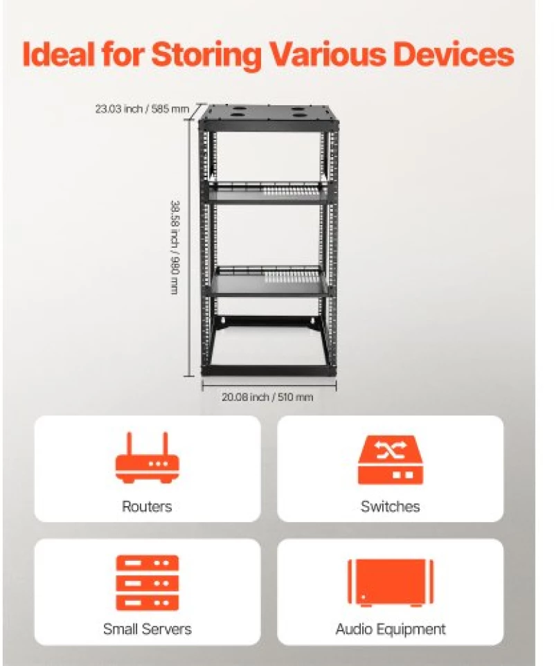 VEVOR 20U Open Frame Network Rack, 585 mm Depth, Wall Mounted or Floor Standing Server Rack, Heavy Duty 4 Post, with Vented Shelves & Mounting Hardware, Holds All Your Networking IT Equipment AV Gear