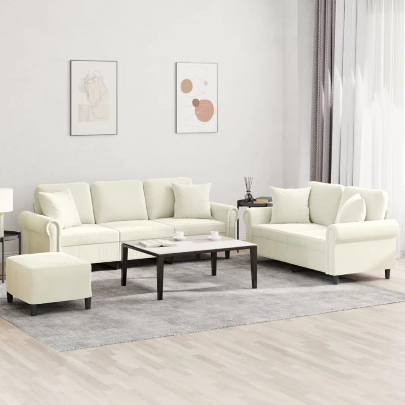 vidaXL Σετ Σαλονιού 3 Τεμαχίων Κρεμ Βελούδινο με Μαξιλάρια