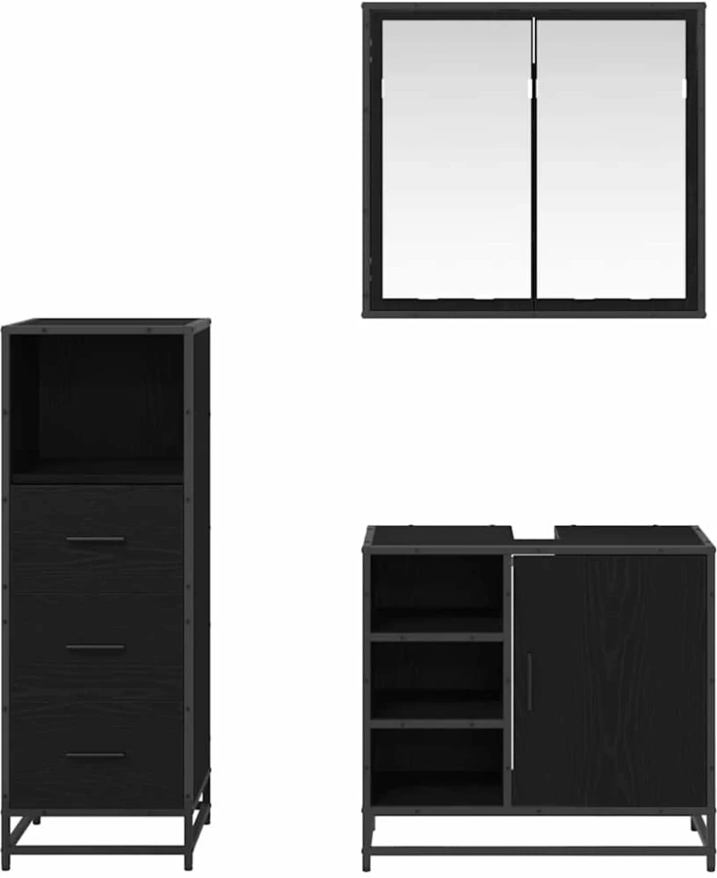 vidaXL Σετ Επίπλων Μπάνιου με ράφι 3 pcs Μαύρη Οξυά Επεξεργασμένο ξύλο