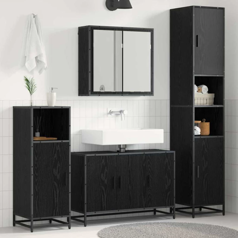 vidaXL Σετ Επίπλων Μπάνιου με ράφι 3 pcs Μαύρη Οξυά Επεξεργασμένο ξύλο