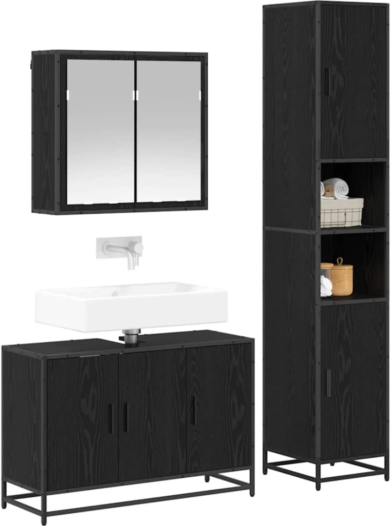 vidaXL Σετ Επίπλων Μπάνιου με ράφι 3 pcs Μαύρη Οξυά Επεξεργασμένο ξύλο