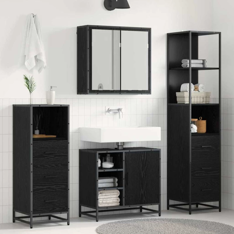 vidaXL Σετ Επίπλων Μπάνιου με ράφι 4 pcs Μαύρη Οξυά Επεξεργασμένο ξύλο