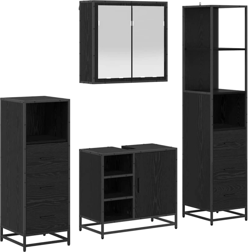 vidaXL Σετ Επίπλων Μπάνιου με ράφι 4 pcs Μαύρη Οξυά Επεξεργασμένο ξύλο