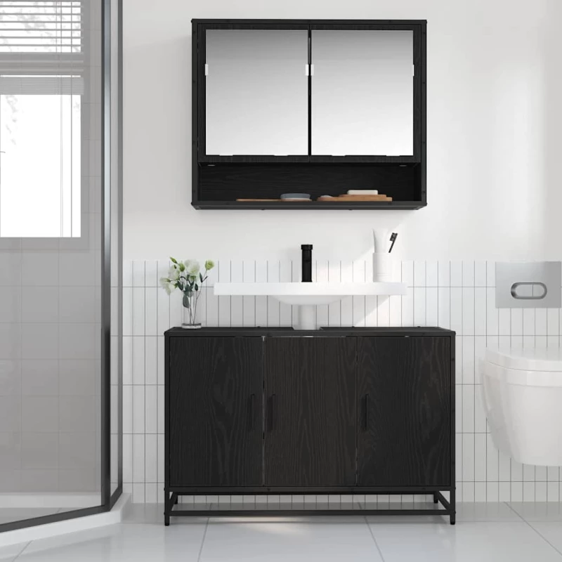 vidaXL Σετ Επίπλων Μπάνιου με ράφι 2 pcs Μαύρη Οξυά Επεξεργασμένο ξύλο