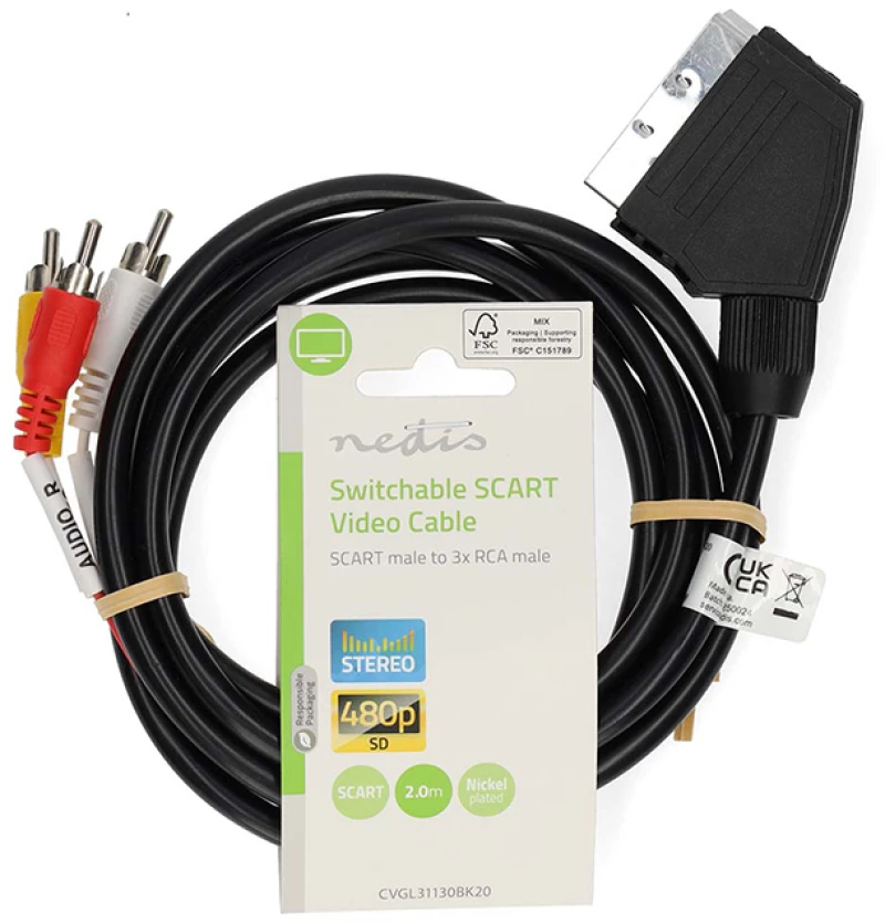 NEDIS Καλώδιο SCART αρσ. - 3x RCA αρσ. με διακόπτη (in/out), 2.00m